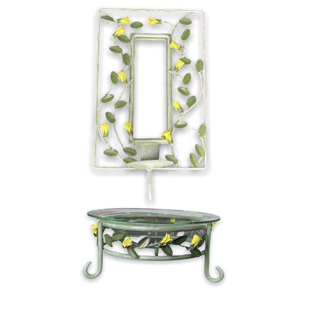 Wall Decor Candle Holder Set Decorative Steel Leaf Vine Mirror& Glass Bowl Olive
